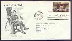 United States 1975 D W Griffith Commemoration (film pioneer) on illustrated cover with first day cancel, SG 1561, stamps on , stamps on  stamps on personalities, stamps on  stamps on films, stamps on  stamps on movies, stamps on  stamps on cameras