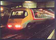 Postcard produced in 1980s in full colour showing British Rail Class 370 Advanced Passenger Train, unused and pristine, stamps on railways