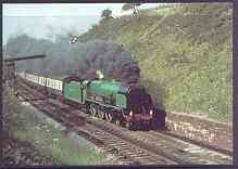 Postcard produced in 1980's in full colour showing Southern Railway Maunsell 'Lord Nelson' Class 4-6-0, unused and pristine, stamps on railways, stamps on nelson