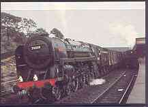 Postcard produced in 1980's in full colour showing British Railways Riddles 'Britannia' Class 7MT 'Britannia', unused and pristine, stamps on railways