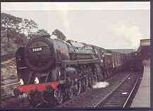 Postcard produced in 1980s in full colour showing British Railways Riddles Britannia Class 7MT Britannia, unused and pristine, stamps on railways