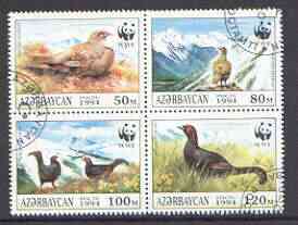 Azerbaijan 1994 WWF (Birds) set of 4 in se-tenant block cto used, SG 178-81, stamps on , stamps on  stamps on birds, stamps on  stamps on wwf, stamps on  stamps on game, stamps on  stamps on grouse, stamps on  stamps on  wwf , stamps on  stamps on 