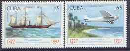 Cuba 1997 Stamp Day (Postal Services) complete perf set of 2 values unmounted mint, SG 4160-61, stamps on postal, stamps on ships, stamps on aviation, stamps on fokker