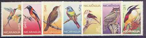 Nicaragua 1986 Birds complete set of 7 unmounted mint, SG 2724-30, stamps on birds, stamps on thrush, stamps on nightingale, stamps on owls, stamps on bunting, stamps on birds of prey