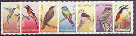 Nicaragua 1986 Birds complete set of 7 unmounted mint, SG 2724-30, stamps on , stamps on  stamps on birds, stamps on  stamps on thrush, stamps on  stamps on nightingale, stamps on  stamps on owls, stamps on  stamps on bunting, stamps on  stamps on birds of prey