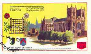 Staffa 1973 Royal Wedding imperf souvenir sheet (£1 value) Westminster Abbey cto used, stamps on royalty, stamps on anne & mark, stamps on london, stamps on cathedrals