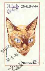 Dhufar 1974 Cats imperf souvenir sheet (2r value) cto used, stamps on , stamps on  stamps on animals, stamps on  stamps on cats