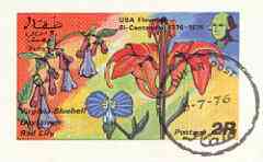 Dhufar 1976 USA Bicentenary (Flowers) imperf souvenir sheet (2r value) cto used, stamps on flowers, stamps on americana    