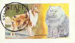 Staffa 1972 Pictorial imperf souvenir sheet (35p value) Cats & Dogs (Collie & Blue Persion) cto used, stamps on cats, stamps on dogs, stamps on collie, stamps on stamp exhibitions
