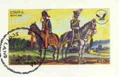 Staffa 1976 USA Bicentenary (Hussars & Light Dragoons) imperf spuvenir sheet (Â£1 value) cto used, stamps on , stamps on  stamps on militaria, stamps on  stamps on americana, stamps on  stamps on uniforms, stamps on  stamps on horses