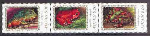 Abkhazia 2000 Frogs & Toads #2 se-tenant perf strip of 3 unmounted mint, stamps on , stamps on  stamps on animals, stamps on  stamps on reptiles, stamps on  stamps on frogs