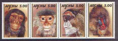 Abkhazia 2000 Primates se-tenant perf strip of 4 unmounted mint, stamps on , stamps on  stamps on animals, stamps on  stamps on apes