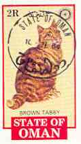 Oman 1984 Rotary - Domestic Cats imperf souvenir sheet (2R value) Brown Tabby cto used, stamps on cats, stamps on rotary   