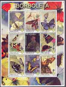 Angola 2000 Butterflies perf sheetlet #01 containing set of 9 values each with Rotary & Scouts Logos, fine cto used, stamps on , stamps on  stamps on butterflies, stamps on  stamps on rotary, stamps on  stamps on scouts