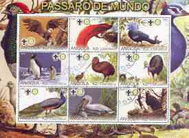 Angola 2000 Exotic Birds perf sheetlet containing set of 9 values each with Rotary & Scouts Logos, fine cto used, stamps on , stamps on  stamps on birds, stamps on  stamps on penguins, stamps on  stamps on rotary, stamps on  stamps on scouts, stamps on  stamps on eagles, stamps on  stamps on birds of prey