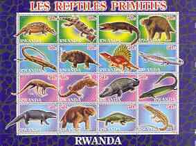Rwanda 2001 Dinosaurs perf sheetlet #1 (Les Reptiles Primitifs) containing set of 16 x 50f values unmounted mint, stamps on , stamps on  stamps on dinosaurs, stamps on  stamps on reptiles