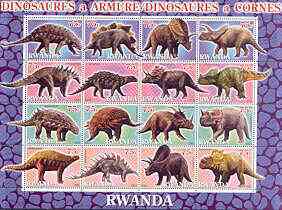 Rwanda 2001 Dinosaurs perf sheetlet #4 (Dinosaures a Armure / a Cornes) containing set of 16 x 75f values unmounted mint, stamps on , stamps on  stamps on dinosaurs