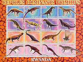 Rwanda 2001 Dinosaurs perf sheetlet #5 (Reptiles Dominants Primitifs) containing set of 16 x 100f values unmounted mint, stamps on , stamps on  stamps on dinosaurs, stamps on  stamps on reptiles