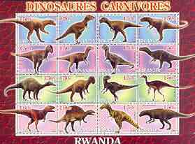 Rwanda 2001 Dinosaurs perf sheetlet #7 (Dinosaures Carnivores) containing set of 16 x 150f values unmounted mint, stamps on dinosaurs, stamps on 