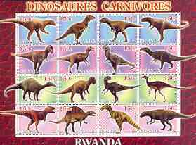 Rwanda 2001 Dinosaurs perf sheetlet #7 (Dinosaures Carnivores) containing set of 16 x 150f values unmounted mint, stamps on dinosaurs, stamps on 