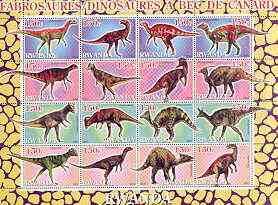 Rwanda 2001 Dinosaurs perf sheetlet #8 (Dinosaures A Bec de canard) containing set of 16 x 150f values unmounted mint, stamps on dinosaurs, stamps on 