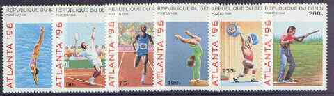 Benin 1996 Atlanta Olympic Games (2nd Issue) complete perf set of 6 values unmounted mint, SG 1347-52, stamps on , stamps on  stamps on olympics, stamps on  stamps on sport, stamps on  stamps on diving, stamps on  stamps on tennis, stamps on  stamps on running, stamps on  stamps on weightlifting, stamps on  stamps on gymnastics, stamps on  stamps on rifles, stamps on  stamps on  gym , stamps on  stamps on gymnastics, stamps on  stamps on 