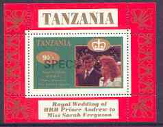 Tanzania 1986 Royal Wedding (Andrew & Fergie) the unissued 90s individual perf deluxe sheet opt'd SPECIMEN unmounted mint, stamps on , stamps on  stamps on royalty, stamps on  stamps on andrew, stamps on  stamps on fergie, stamps on  stamps on 