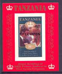 Tanzania 1986 Royal Wedding (Andrew & Fergie) the unissued 20s individual imperf deluxe sheet opt'd SPECIMEN unmounted mint, stamps on , stamps on  stamps on royalty, stamps on  stamps on andrew, stamps on  stamps on fergie, stamps on  stamps on 