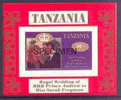 Tanzania 1986 Royal Wedding (Andrew & Fergie) the unissued 30s individual imperf deluxe sheet opt'd SPECIMEN unmounted mint, stamps on royalty, stamps on andrew, stamps on fergie, stamps on 