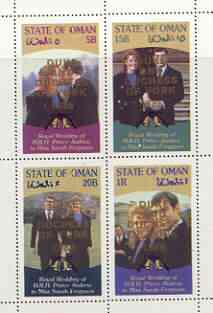 Oman 1986 Royal Wedding perf sheetlet of 4 opt'd Duke & Duchess of York in gold, unmounted mint, stamps on , stamps on  stamps on royalty, stamps on  stamps on andrew & fergie