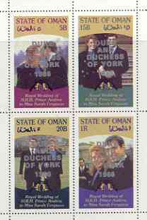 Oman 1986 Royal Wedding perf sheetlet of 4 opt'd Duke & Duchess of York in silver, unmounted mint, stamps on , stamps on  stamps on royalty, stamps on  stamps on andrew & fergie