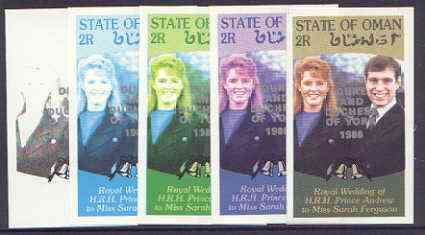 Oman 1986 Royal Wedding imperf souvenir sheet (2r) opt'd Duke & Duchess of York in silver, the set of 5 progressive proofs, comprising single colour, 2-colour, two x 3-colour combinations plus completed design, each with opt. (5 proofs) unmounted mint, stamps on , stamps on  stamps on royalty, stamps on  stamps on andrew & fergie