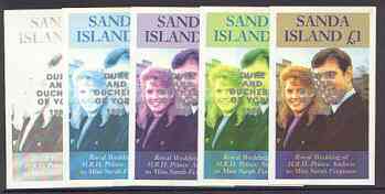 Sanda Island 1986 Royal Wedding imperf souvenir sheet (A31 value) opt'd Duke & Duchess of York in silver, the set of 5 progressive proofs, comprising single colour, 2-colour, two x 3-colour combinations plus completed design, each with opt. (5 proofs) unmounted mint, stamps on , stamps on  stamps on royalty, stamps on  stamps on andrew & fergie