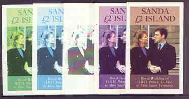 Sanda Island 1986 Royal Wedding imperf deluxe sheet (A32 value) the set of 5 progressive proofs, comprising single colour, 2-colour, two x 3-colour combinations plus completed design (5 proofs) unmounted mint, stamps on , stamps on  stamps on royalty, stamps on  stamps on andrew & fergie