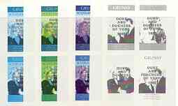 Grunay 1986 Royal Wedding imperf sheetlet of 4 opt'd Duke & Duchess of York in silver, the set of 4 progressive proofs, comprising single colour, 2-colour and two x 3-colour combinations, each with opt. (16 proofs) unmounted mint, stamps on , stamps on  stamps on royalty, stamps on  stamps on andrew & fergie