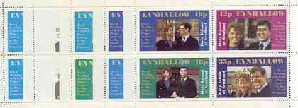 Eynhallow 1986 Royal Wedding perf sheetlet of 4 opt'd Duke & Duchess of York in gold, the set of 5 progressive proofs, comprising single colour, 2-colour, two x 3-colour combinations plus completed design, all with opt. (20 proofs) (margins removed at right due to water damage at printers) unmounted mint, stamps on , stamps on  stamps on royalty, stamps on  stamps on andrew & fergie