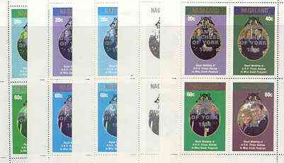 Nagaland 1986 Royal Wedding perf sheetlet of 4 opt'd Duke & Duchess of York in silver, the set of 5 progressive proofs, comprising single colour, 2-colour, two x 3-colour combinations plus completed design, all with opt. (20 proofs) unmounted mint, stamps on , stamps on  stamps on royalty, stamps on  stamps on andrew & fergie