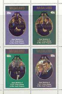 Nagaland 1986 Royal Wedding perf sheetlet of 4 opt'd Duke & Duchess of York in gold, unmounted mint, stamps on royalty, stamps on andrew & fergie