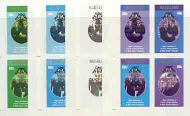 Nagaland 1986 Royal Wedding imperf sheetlet of 4 optd Duke & Duchess of York in gold, the set of 4 progressive proofs, comprising single colour, 2-colour plus two x 3-col..., stamps on royalty, stamps on andrew & fergie