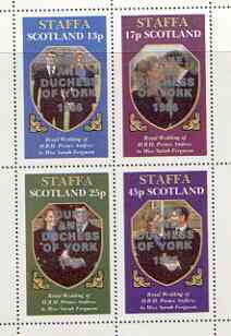 Staffa 1986 Royal Wedding perf sheetlet of 4 opt'd Duke & Duchess of York in silver, unmounted mint, stamps on , stamps on  stamps on royalty, stamps on  stamps on andrew & fergie