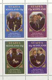 Staffa 1986 Royal Wedding perf sheetlet of 4 opt'd Duke & Duchess of York in gold, unmounted mint, stamps on , stamps on  stamps on royalty, stamps on  stamps on andrew & fergie