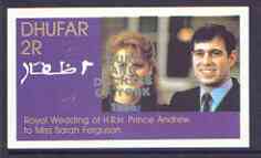Dhufar 1986 Royal Wedding imperf souvenir sheet (2r) opt'd Duke & Duchess of York in silver, unmounted mint, stamps on , stamps on  stamps on royalty, stamps on  stamps on andrew & fergie