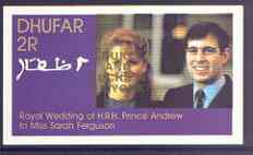 Dhufar 1986 Royal Wedding imperf souvenir sheet (2r) opt'd Duke & Duchess of York in gold, unmounted mint, stamps on , stamps on  stamps on royalty, stamps on  stamps on andrew & fergie