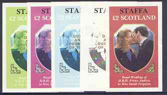 Staffa 1986 Royal Wedding imperf deluxe sheet (\A32 value) opt'd Duke & Duchess of York in gold, the set of 5 progressive proofs, comprising single colour, 2-colour, two x 3-colour combinations plus completed design, all with opt. (5 proofs) unmounted mint, stamps on royalty, stamps on andrew & fergie