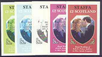 Staffa 1986 Royal Wedding imperf deluxe sheet (A32 value) opt'd Duke & Duchess of York in silver, the set of 5 progressive proofs, comprising single colour, 2-colour, two x 3-colour combinations plus completed design, all with opt. (5 proofs) unmounted mint, stamps on , stamps on  stamps on royalty, stamps on  stamps on andrew & fergie