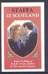 Staffa 1986 Royal Wedding imperf deluxe sheet (Â£2 value) opt'd Duke & Duchess of York in silver, unmounted mint, stamps on , stamps on  stamps on royalty, stamps on  stamps on andrew & fergie