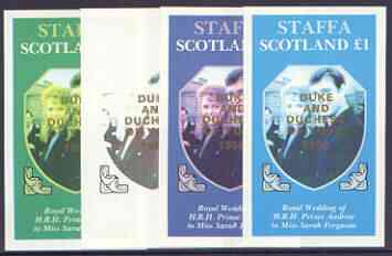 Staffa 1986 Royal Wedding imperf souvenir sheet (A31 value) opt'd Duke & Duchess of York in gold, the set of 4 progressive proofs, comprising single colour, 2-colour plus two x 3-colour combinations, all with opt. (4 proofs) unmounted mint , stamps on , stamps on  stamps on royalty, stamps on  stamps on andrew & fergie