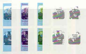 Bernera 1986 Royal Wedding imperf sheetlet of 4 opt'd Duke & Duchess of York in silver, the set of 4 progressive proofs, comprising single colour, 2-colour and two x 3-colour combinations each with opt. (16 proofs) unmounted mint, stamps on , stamps on  stamps on royalty, stamps on  stamps on andrew & fergie