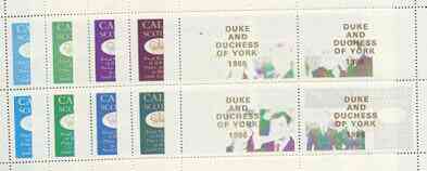 Calve Island 1986 Royal Wedding perf sheetlet of 4 opt'd Duke & Duchess of York in gold, the set of 5 progressive proofs, comprising single colour, 2-colour, two x 3-colour combinations plus completed design each with opt. (20 proofs) unmounted mint, stamps on , stamps on  stamps on royalty, stamps on  stamps on andrew & fergie