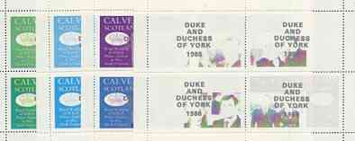 Calve Island 1986 Royal Wedding perf sheetlet of 4 opt'd Duke & Duchess of York in silver, the set of 4 progressive proofs, comprising single colour, 2-colour and two x 3-colour combinations each with opt. (16 proofs) unmounted mint, stamps on , stamps on  stamps on royalty, stamps on  stamps on andrew & fergie